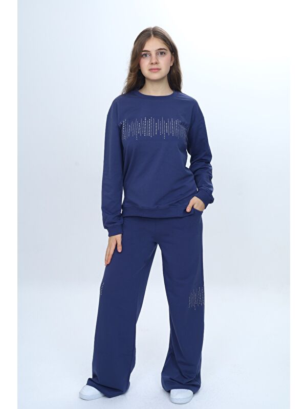 Toontoykids Kız Çocuk 2'li Takım Taş İşlemeli & Bisiklet Yaka Sweatshirt & Bol Paça Cepli Eşofman Altı