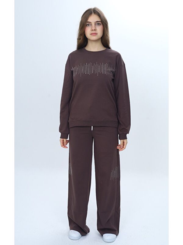 Toontoykids Kız Çocuk 2'li Takım Taş İşlemeli & Bisiklet Yaka Sweatshirt & Bol Paça Cepli Eşofman Altı