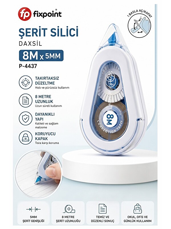Artlantis Şerit Daksil Beyaz 5mmx8 Metre 1 Adet P-4437 Fixpoint Şerit Düzeltici Şerit Silici Yazı Silici Büro
