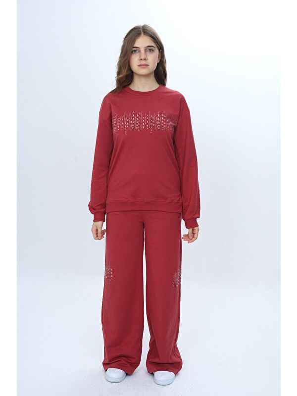 Toontoykids Kız Çocuk 2'li Takım Taş İşlemeli & Bisiklet Yaka Sweatshirt & Bol Paça Cepli Eşofman Altı