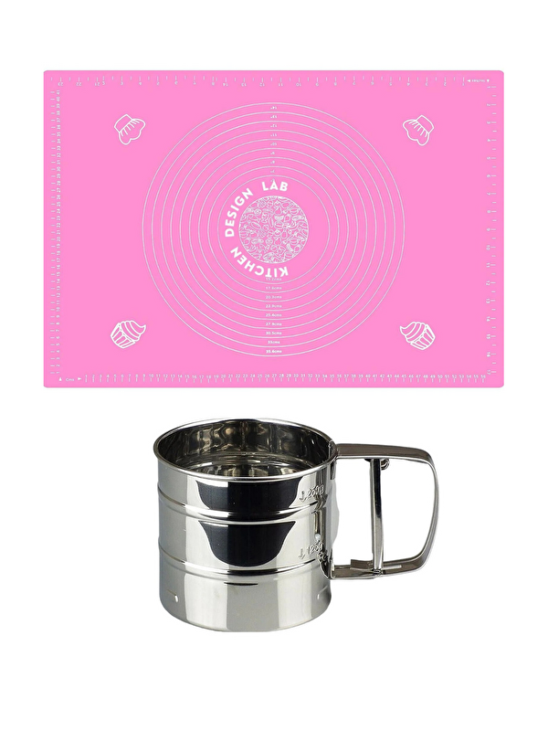 Kitchen Design Lab Pembe Silikon Ölçülü  Hamur Açma Matı 45x65 cm ve Çelik Un Eleği