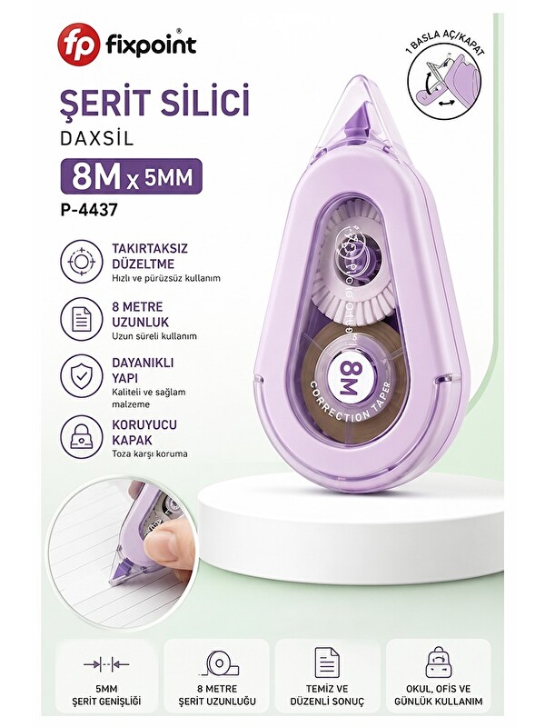 Artlantis Şerit Daksil Beyaz 5mmx8 Metre 1 Adet P-4437 Fixpoint Şerit Düzeltici Şerit Silici Yazı Silici Büro