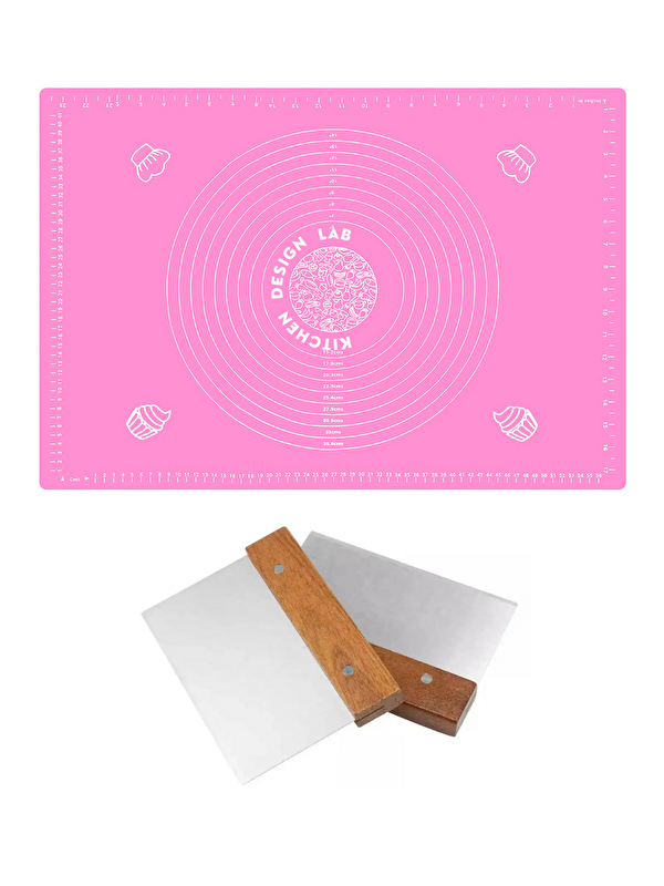 Kitchen Design Lab Pembe Ölçülü Hamur Açma Matı 45 x 65 cm ve Paslanmaz Çelik Ahşap Saplı Hamur Kesici Kazıyıcı Spatula