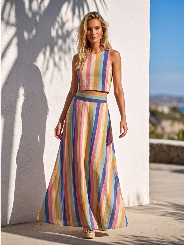 Catz Clothes Renkli Kalın Çizgili Maxi Etek ve Kolsuz Crop Bluz Takım
