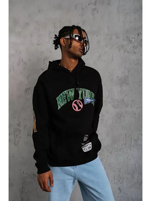 Jane's Erkek Baskılı Kapüşonlu Sweatshirt - Siyah