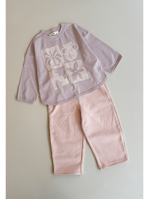 CİGİT Oversize Uzun Kollu T-Shirt Takım 2-8 Yaş Leylak