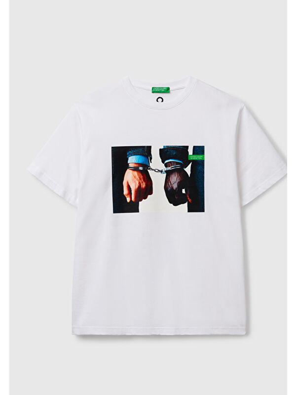United Colors Of Benetton Unisex Beyaz Karışık %100 Pamuk Oliviero Toscani Fotoğraf Baskılı T-Shirt
