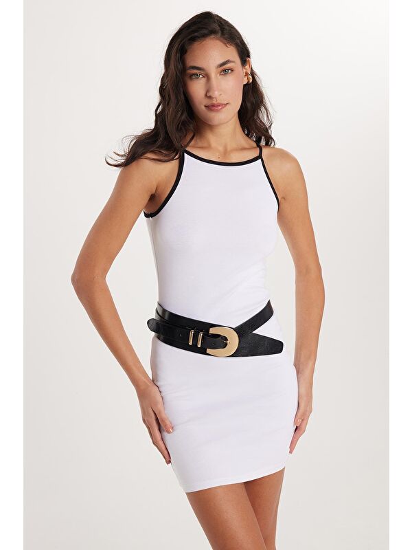TUDORS Kadın Slim Fit Dar Kesim İnce Askılı Halter Yaka Mini Beyaz Elbise