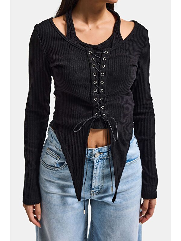 It's Basic Kadın Siyah w5 Asimetrik Kesim Özel Tasarım Crop Top