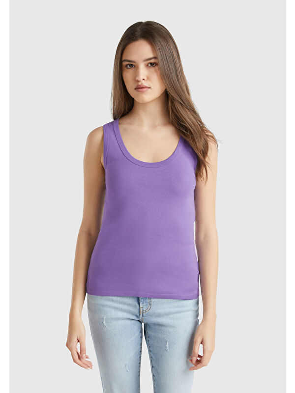 United Colors Of Benetton Kadın Mor %100 Pamuk Ucu Logo İşlemeli Slim Fit Yuvarlak Yaka Atlet