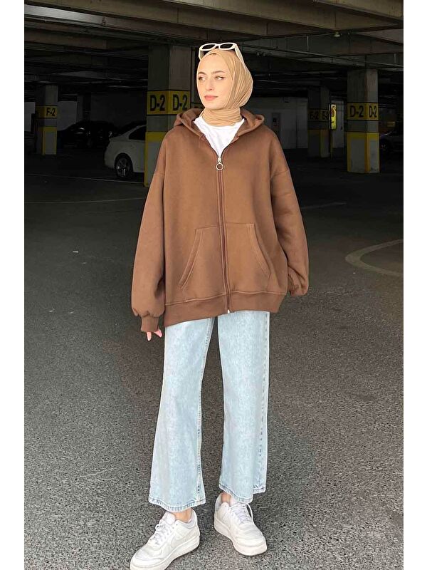Lamelif Kapüşonlu Oversize Yan Cepli Sweat Acı Kahverengi