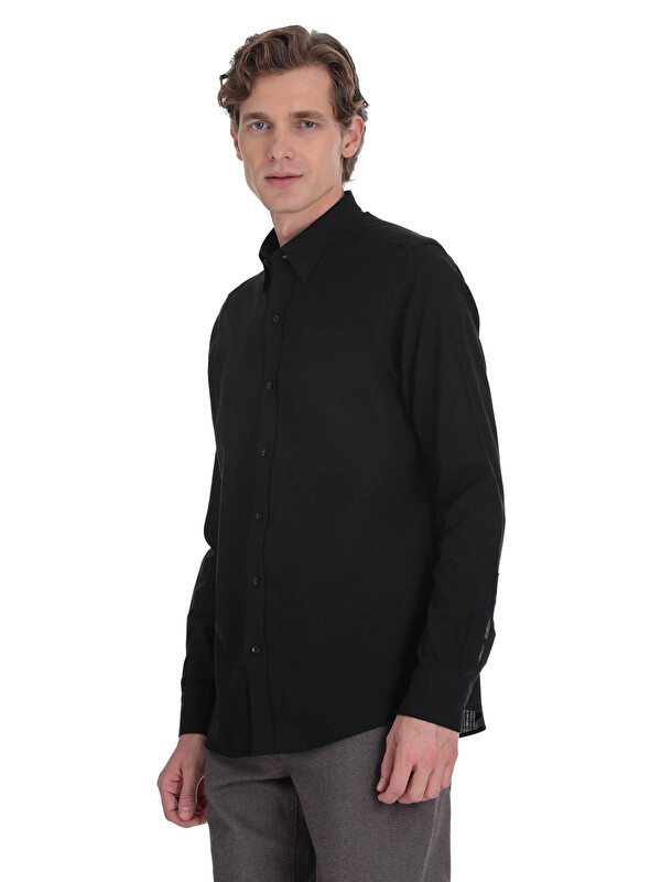 Hatemoğlu Siyah Comfort Fit Düğmeli Yaka 100% Pamuk  Uzun Kollu Casual Gömlek