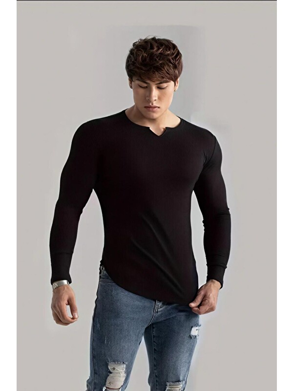 Oksit Neso Erkek Muscle Fit V-Yaka Fitilli Uzun Kollu Tişört - Kaslı ve Bir Görünüm İçin