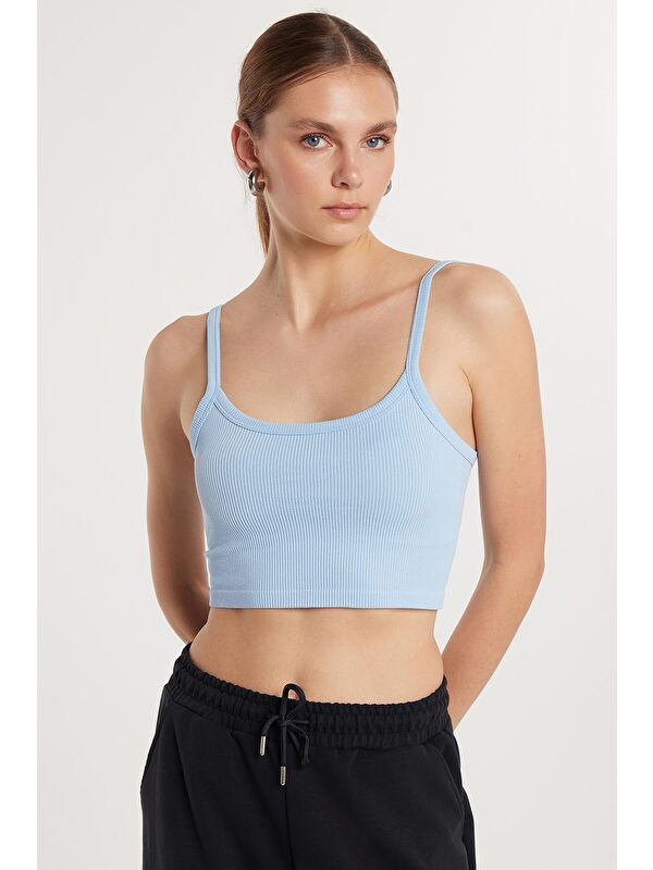 TUDORS Kadın Slim Fit Kare Yaka Düz Basic Mavi Crop Atlet