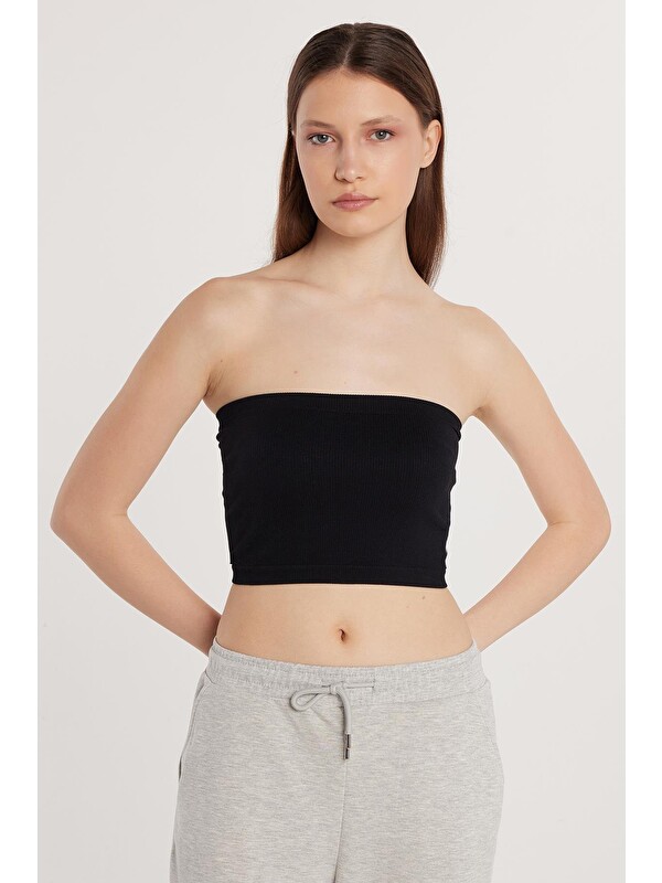 TUDORS Kadın Slim Fit Dar Kesim Straplez Dikişsiz Siyah Crop Atlet