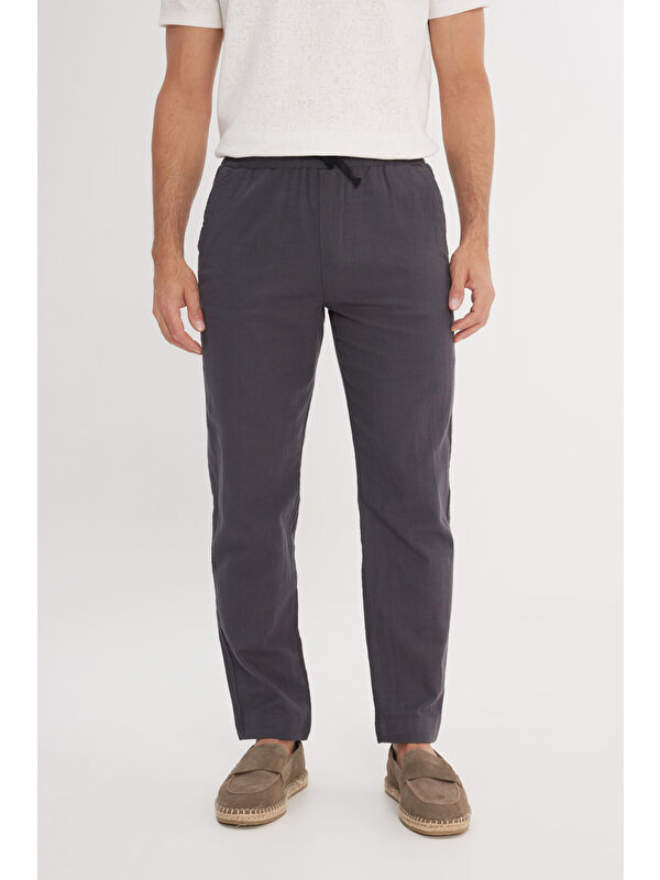 AC&Co / Altınyıldız Classics Erkek Antrasit %100 Pamuk Slim Fit Dar Kesim Beli Bağlamalı Yan Cepli Pantolon