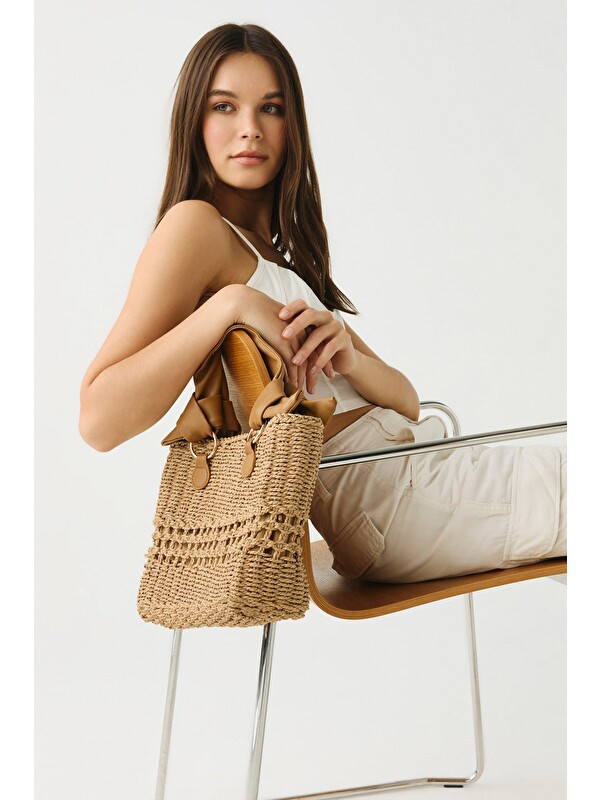 C&City Hasır Deri Saplı Çanta Y9219 Camel
