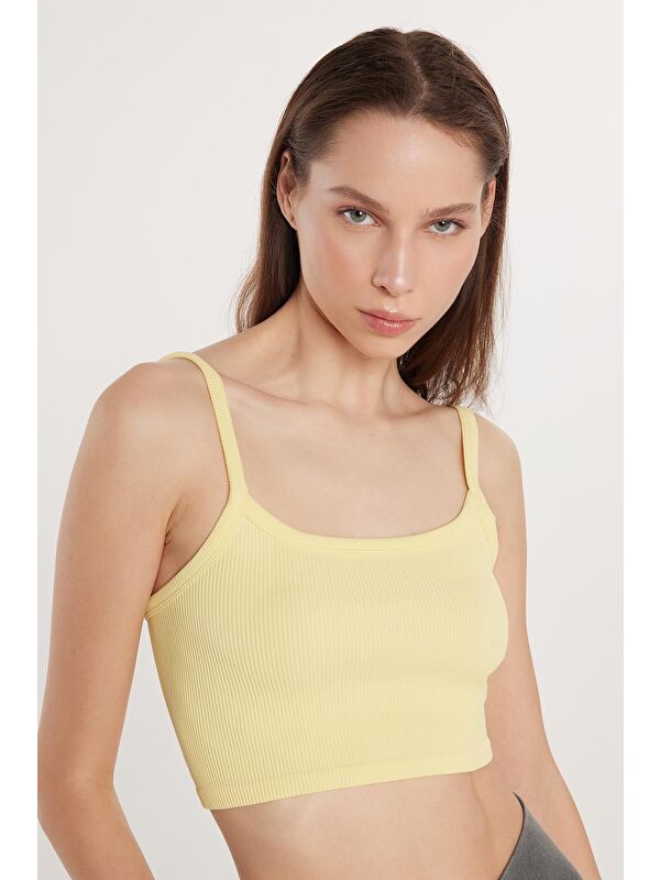 TUDORS Kadın Slim Fit Kare Yaka Düz Basic Sarı Crop Atlet