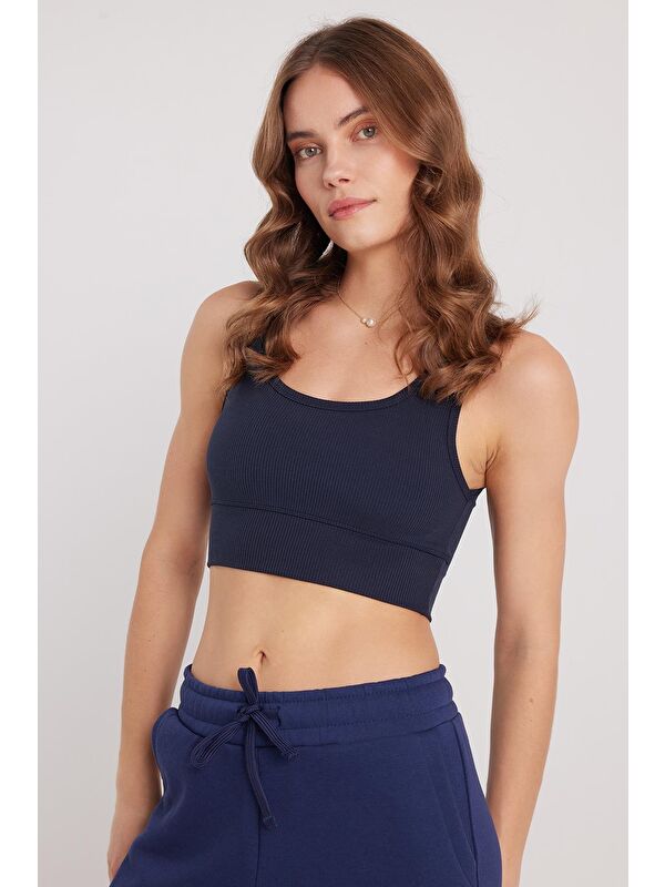 TUDORS Kadın Slim Fit Dar Kesim Bisiklet Yaka Kalın Askılı Esnek Lacivert Spor Atlet