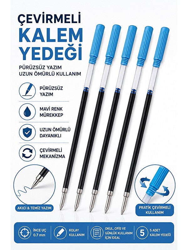 Artlantis Plastik Çevirmeli Tükenmez Kalem Yedeği 5 Adet Tükenmez Kalem İçi Yedek Tükenmez Kalem İçi Okul Ofis