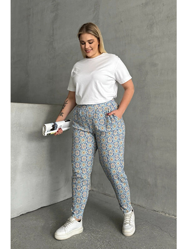 Stil Diva Büyük Beden Beli ve Paçası Lastikli Desenli Cepli Pantolon 303490