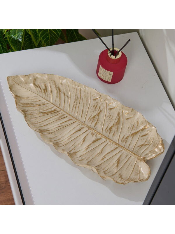 Evidea Deco Leaf Dekoratif Tabak - Beyaz / Gold - 37x16 cm