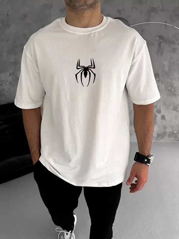 Jane's Unisex Bisiklet Yaka Baskılı Oversize T-Shirt - Beyaz