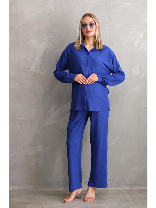 MİSS DÜNYA LİSSA Saks Mavi Bürümcük Oversize Hamile Gömlek Pantolon Takım