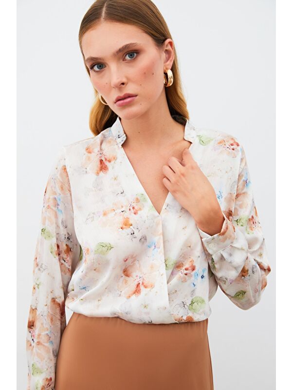 SATEEN Desenli Kruvaze Bluz - Vizon