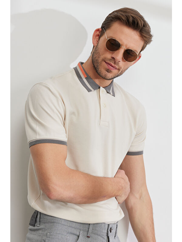 AC&Co / Altınyıldız Classics Erkek Bej Dar Kesim %100 Pamuk Polo Yaka Tişört