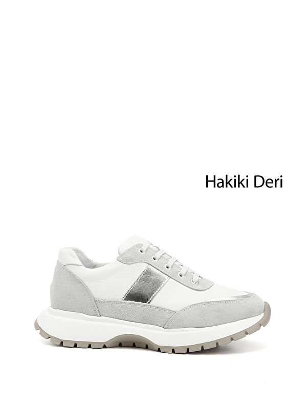 GÖNDERİ(R) Kadın BEYAZ-AÇIK GRİ Lastik Bağcıklı Hakiki Deri Sneaker