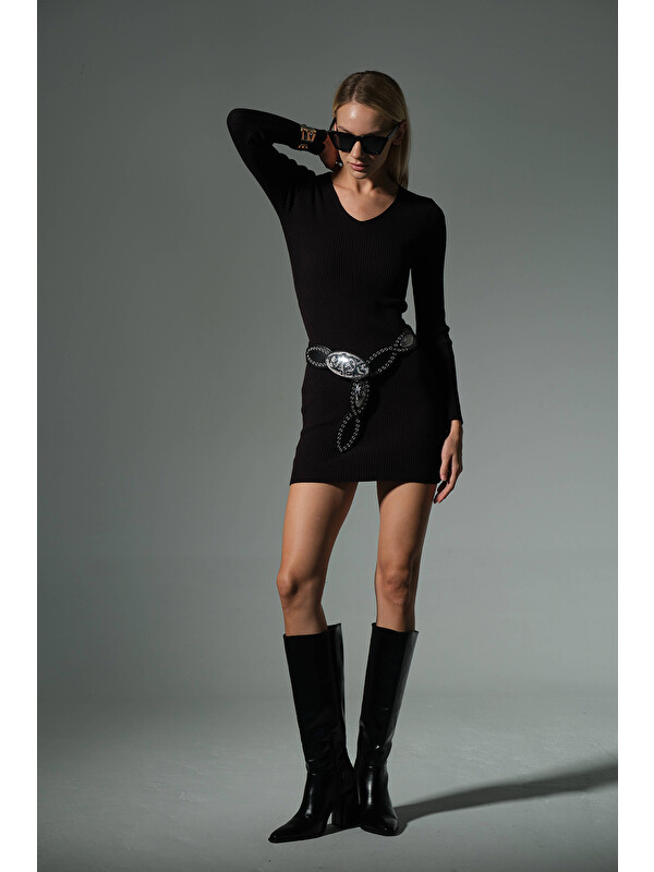 Domoda V yaka fitilli triko bodyycon mini elbise @Lizbon