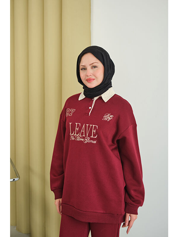 Locco Moda Kadın Gömlek Yaka Yazı Baskılı Sweat Bordo