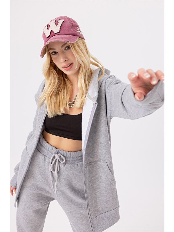gothamVibes Kadın Oversize Fermuarlı Kapüşonlu Gri Sweatshirt