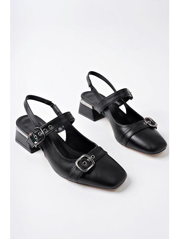 YUQİ Arkası Açık Küt Burun Çift Kemerli Kadın Günlük Klasik Kısa Topuklu Ayakkabı - Görsel 2