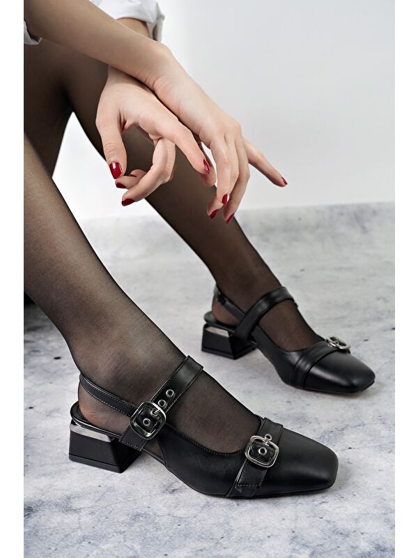 YUQİ Arkası Açık Küt Burun Çift Kemerli Kadın Günlük Klasik Kısa Topuklu Ayakkabı - Görsel 4