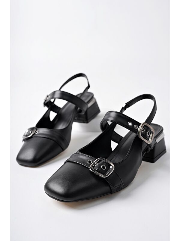 YUQİ Arkası Açık Küt Burun Çift Kemerli Kadın Günlük Klasik Kısa Topuklu Ayakkabı - Görsel 7