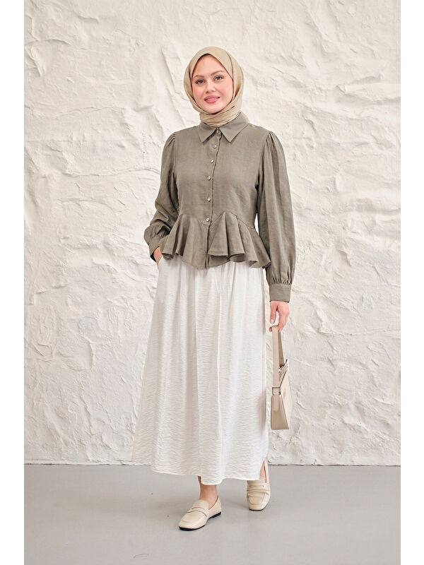 Locco Moda Kadın Gold Düğme Detay Fırfırlı Kısa Gömlek Haki Yeşil