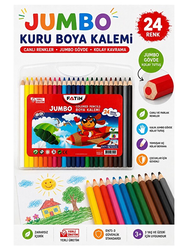 Fatih 24 lü Jumbo Kuru Boya Kalemi Plastik Kutulu 1 Paket Kalın 24 Renk Jumbo Kuruboya Tam Boy Renkl