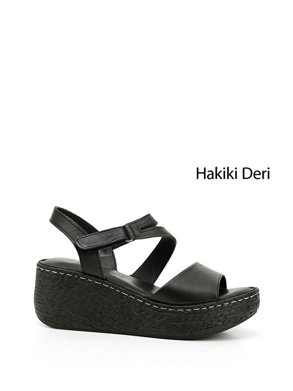 GÖNDERİ(R) Kadın ZÜMRÜT-SİYAH Cırt Bantlı Dolgu Tabanlı Hakiki Deri Sandalet