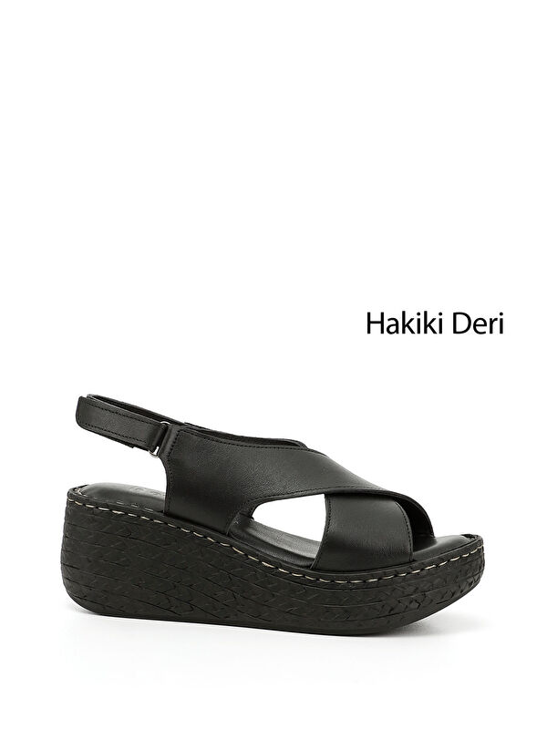 GÖNDERİ(R) Kadın ZÜMRÜT-SİYAH Cırt Bantlı Dolgu Tabanlı Hakiki Deri Sandalet