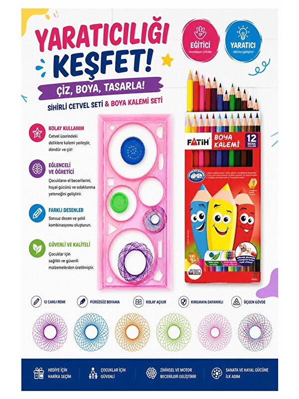 Fatih Sihirli Cetvel 1 Adet ve 12 li Kuru Boya 1 Paket Plastik Sihirli Daire Cetvel Desen Şablon