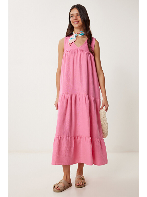 Happiness İstanbul Volanlı Yazlık Müslin Elbise PEMBE LMX0087