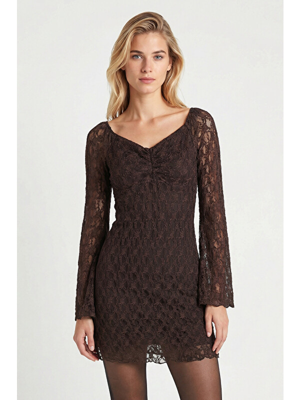 Happiness İstanbul Dantel Mini Bardot Elbise KAHVERENGİ LZV0051