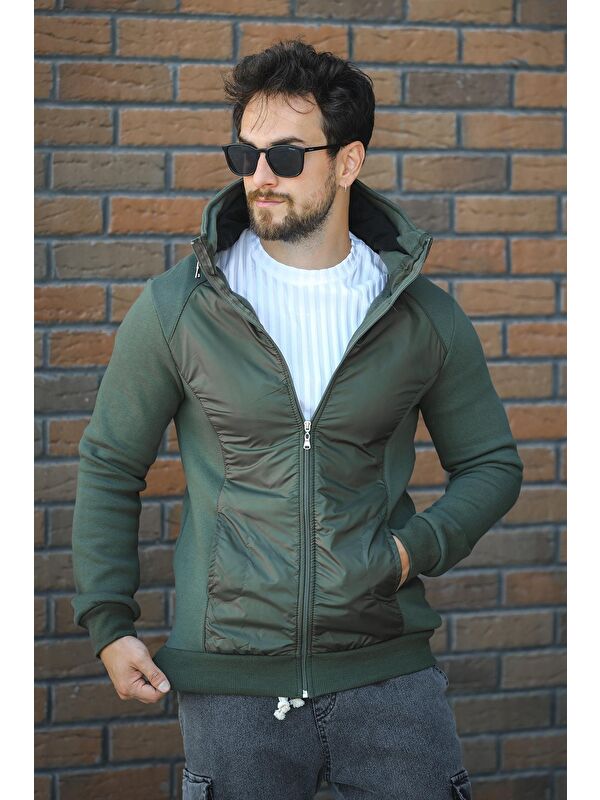 Oksit Fokt Üç İp Şardonlu Parça Detaylı Gizli Kapüşonlu Erkek Fermuarlı Sweatshirt Hırka