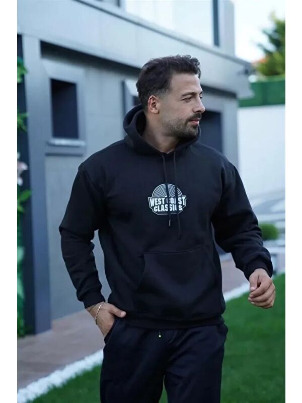 Jane's Erkek Sırt Baskılı Kapüşonlu Üç İplik Oversize Sweatshirt - Siyah
