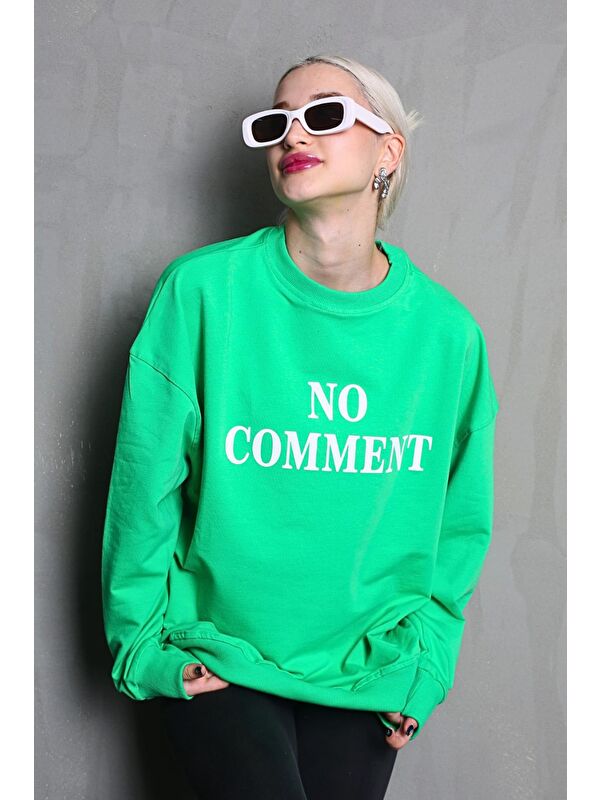 Madmext Açık Yeşil Bisiklet Yaka Baskılı Oversize Kadın Sweatshirt Mg1902