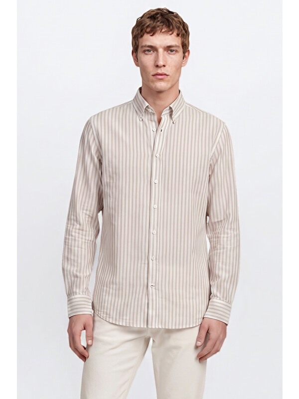 AC&Co / Altınyıldız Classics Erkek Gri-Beyaz %100 Pamuk Comfort Fit Rahat Kesim Düğmeli Yaka Çizgili Gömlek