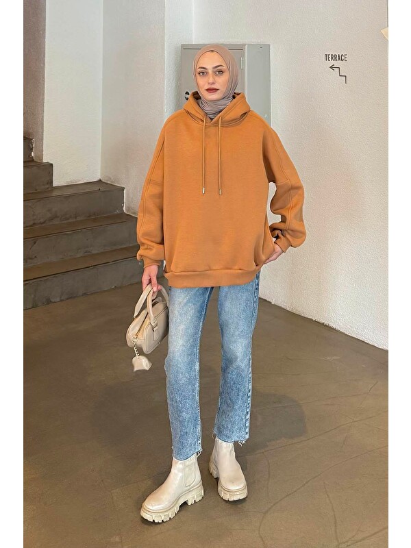 Lamelif Kapüşonlu Oversize Yan Cepli Sweat Camel