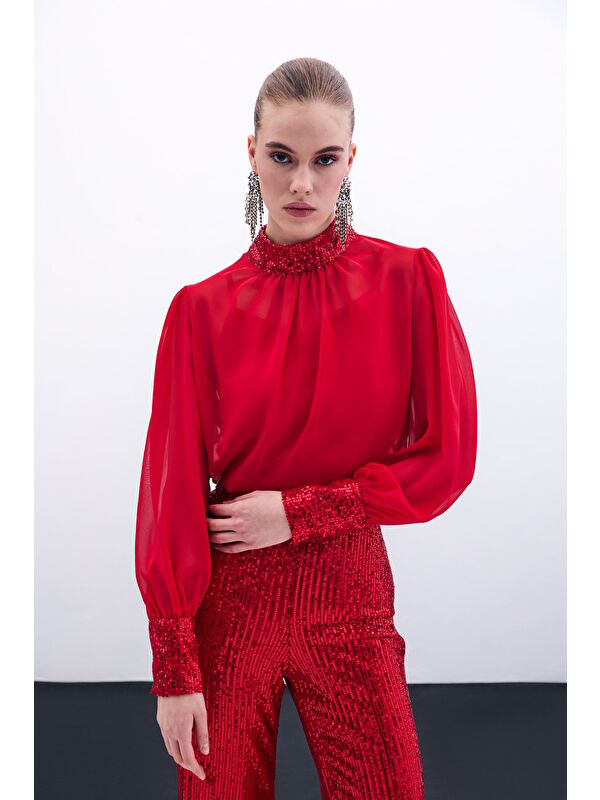 SATEEN Payet Detaylı Bluz - Kırmızı
